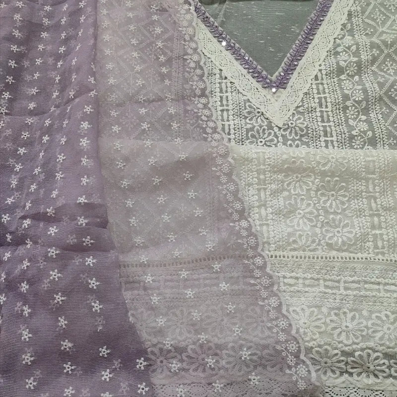 CODE FB251301: White embroidered fancy super net unstitched salwar material(netted fabric lining needed)lavender silky