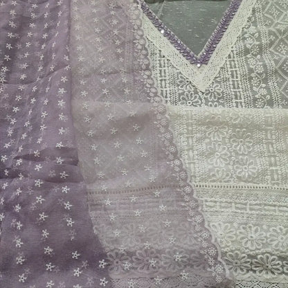 CODE FB251301: White embroidered fancy super net unstitched salwar material(netted fabric lining needed)lavender silky