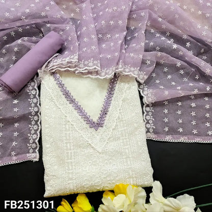 CODE FB251301: White embroidered fancy super net unstitched salwar material(netted fabric lining needed)lavender silky