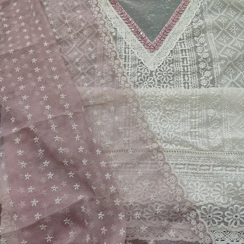 CODE FB251302: White embroidered fancy super net unstitched salwar material(netted fabric lining needed)mauve silky