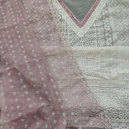 CODE FB251302: White embroidered fancy super net unstitched salwar material(netted fabric lining needed)mauve silky