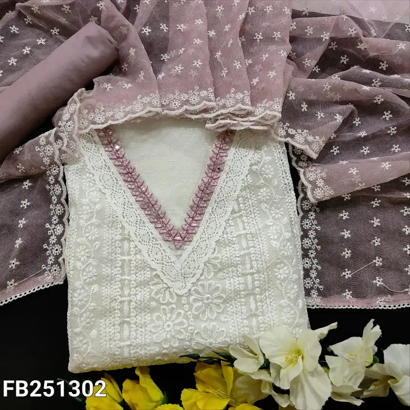 CODE FB251302: White embroidered fancy super net unstitched salwar material(netted fabric lining needed)mauve silky