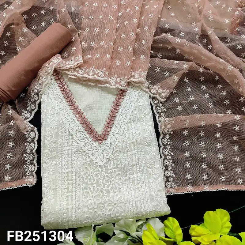 CODE FB251304: White embroidered fancy super net unstitched salwar material(netted fabric lining needed)peachish pink