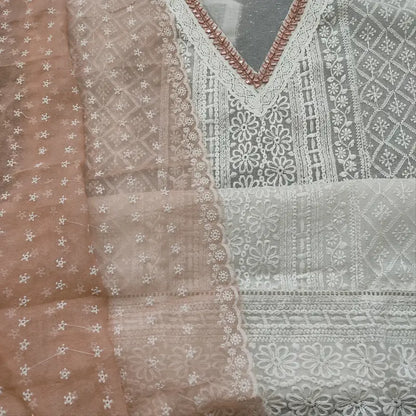 CODE FB251304: White embroidered fancy super net unstitched salwar material(netted fabric lining needed)peachish pink