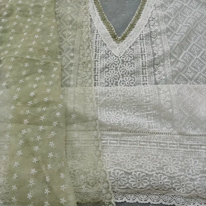 CODE FB251305: White embroidered fancy super net unstitched salwar material(netted fabric lining needed)pastel green