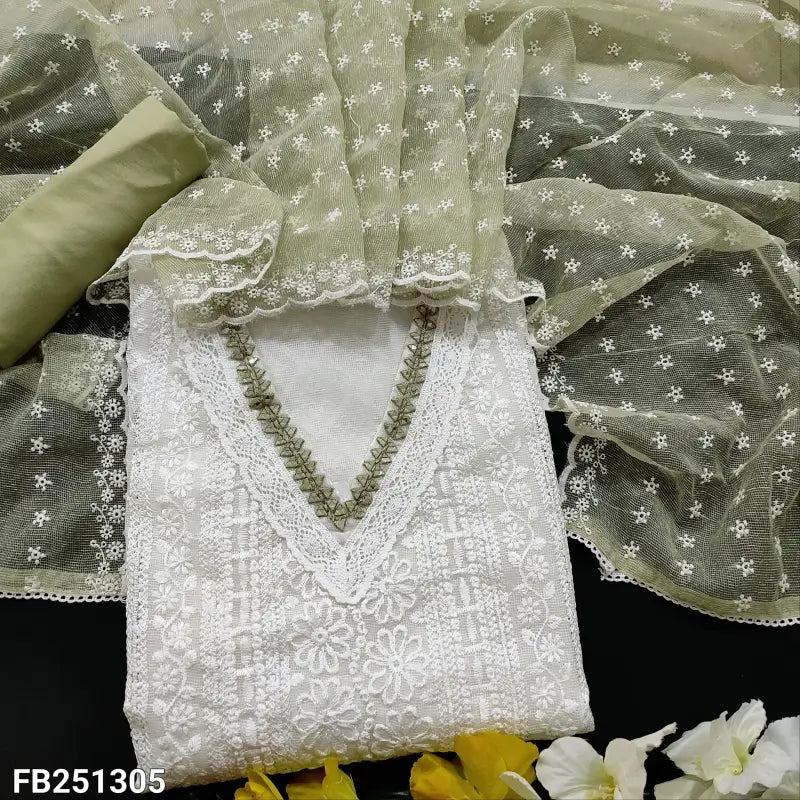 CODE FB251305: White embroidered fancy super net unstitched salwar material(netted fabric lining needed)pastel green