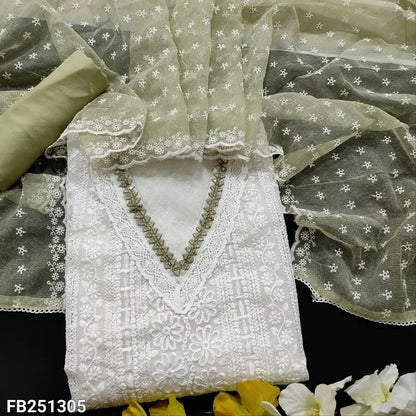 CODE FB251305: White embroidered fancy super net unstitched salwar material(netted fabric lining needed)pastel green