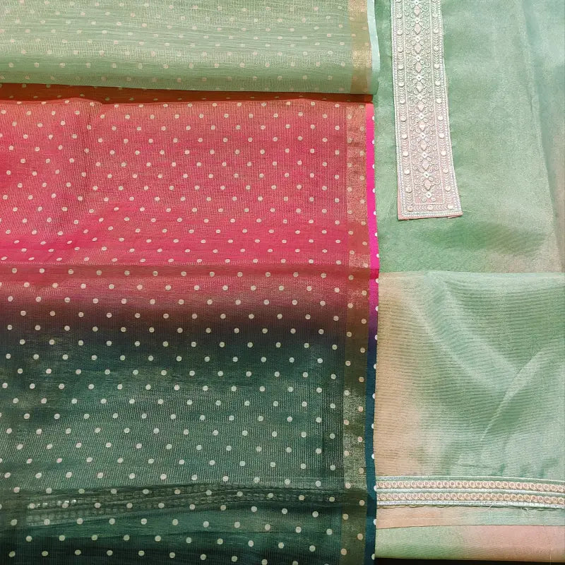 CODE FB251307: Multi color with golden tint printed tissue silk cotton unstitched salwar material thread& real mirror