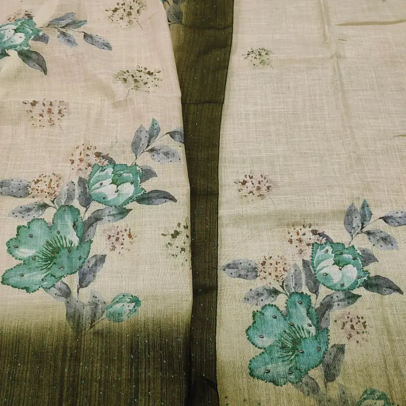 CODE FB251309: Beige tissue linen unstitched salwar material chamki work on front(thin fabric lining needed)dark green