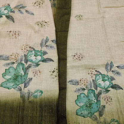 CODE FB251309: Beige tissue linen unstitched salwar material chamki work on front(thin fabric lining needed)dark green