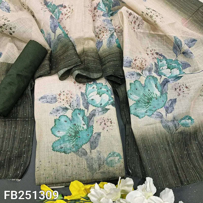 CODE FB251309: Beige tissue linen unstitched salwar material chamki work on front(thin fabric lining needed)dark green