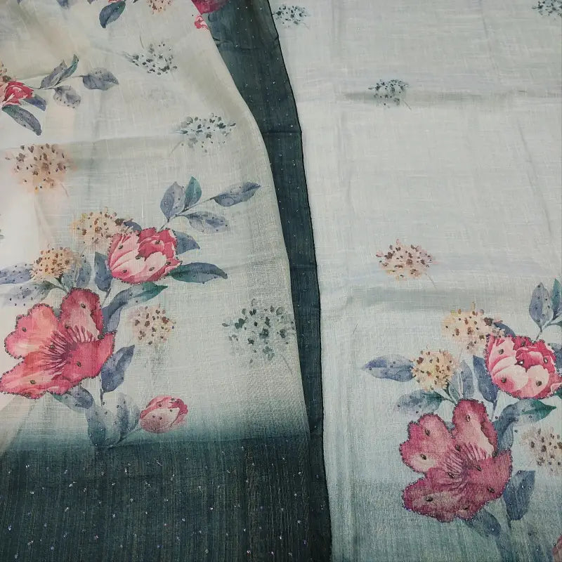 CODE FB251310: Light bluish grey tissue linen unstitched salwar material chamki work on front(thin fabric lining