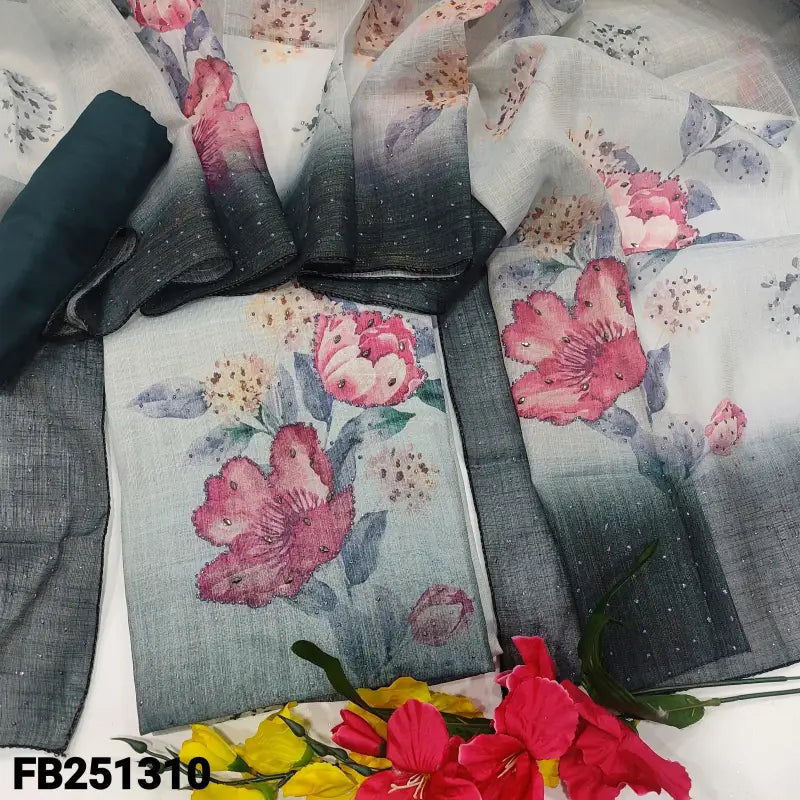 CODE FB251310: Light bluish grey tissue linen unstitched salwar material chamki work on front(thin fabric lining