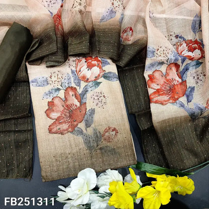 CODE FB251311: Beige tissue linen unstitched salwar material chamki work on front(thin fabric lining needed)dark olive