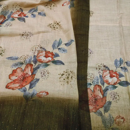 CODE FB251311: Beige tissue linen unstitched salwar material chamki work on front(thin fabric lining needed)dark olive