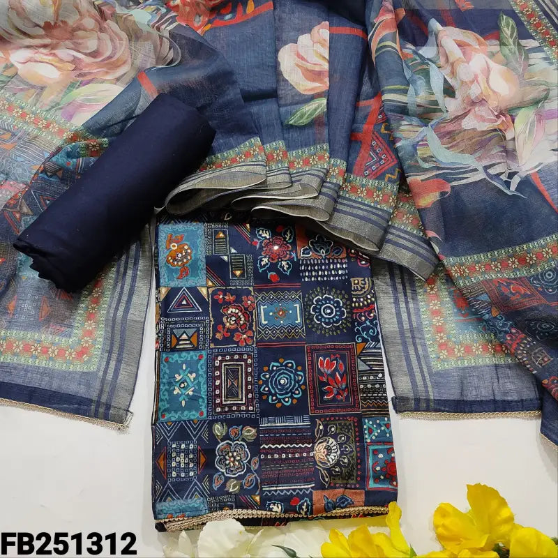CODE FB251312: Dark blue satin cotton unstitched salwar material(lining optional)matching spun cotton bottom floral
