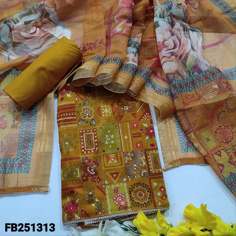 CODE FB251313: Mehandhi yellow satin cotton unstitched salwar material(lining optional)matching spun cotton bottom