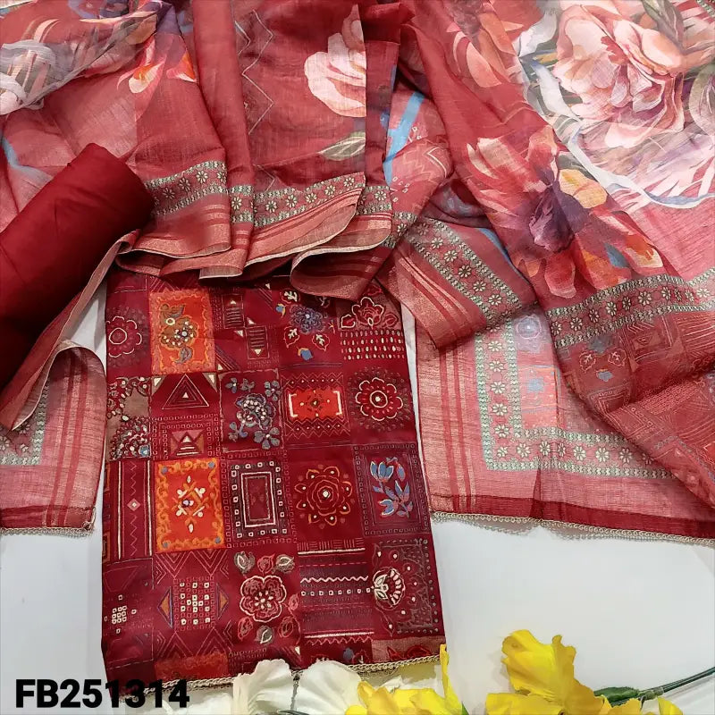 CODE FB251314: Dark maroon satin cotton unstitched salwar material(lining optional)matching spun cotton bottom floral