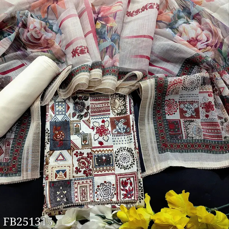 CODE FB251315: Half white satin cotton unstitched salwar material(lining optional)matching spun cotton bottom floral