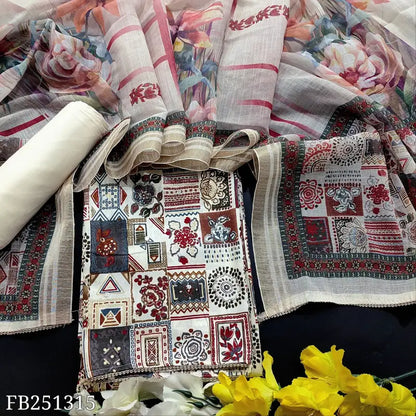 CODE FB251315: Half white satin cotton unstitched salwar material(lining optional)matching spun cotton bottom floral