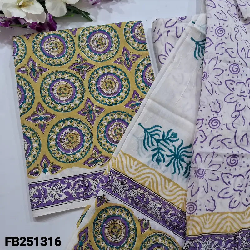 CODE FB251316: Mehandhi yellow hand block printed premium cotton unstitched salwar material(lining needed)block printed