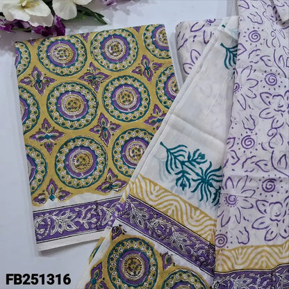 CODE FB251316: Mehandhi yellow hand block printed premium cotton unstitched salwar material(lining needed)block printed