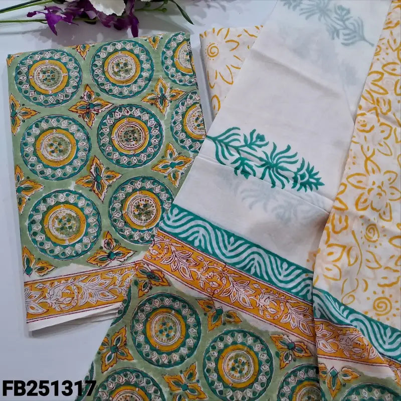 CODE FB251317: Pastel green hand block printed premium cotton unstitched salwar material(lining needed)block printed