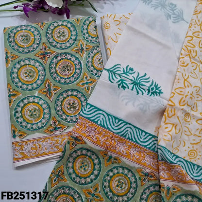 CODE FB251317: Pastel green hand block printed premium cotton unstitched salwar material(lining needed)block printed