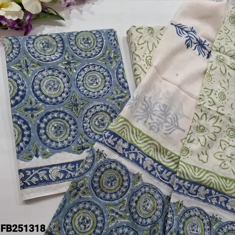 CODE FB251318: Bluish grey hand block printed premium cotton unstitched salwar material(lining needed)block printed