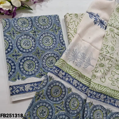 CODE FB251318: Bluish grey hand block printed premium cotton unstitched salwar material(lining needed)block printed
