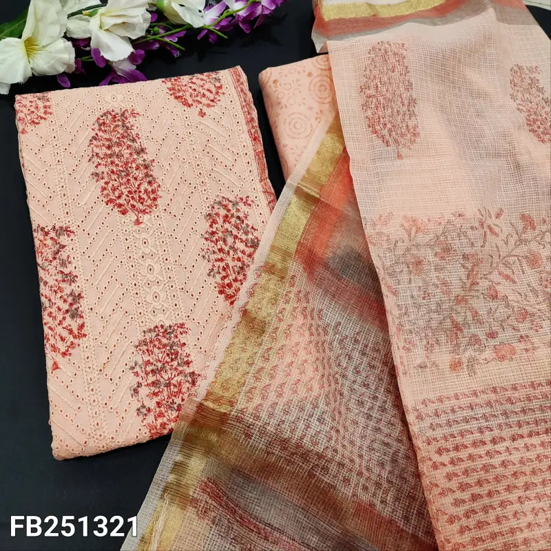 CODE FB251321: Pastel peach chikankari embroidered premium cotton unstitched salwar material panel pattern