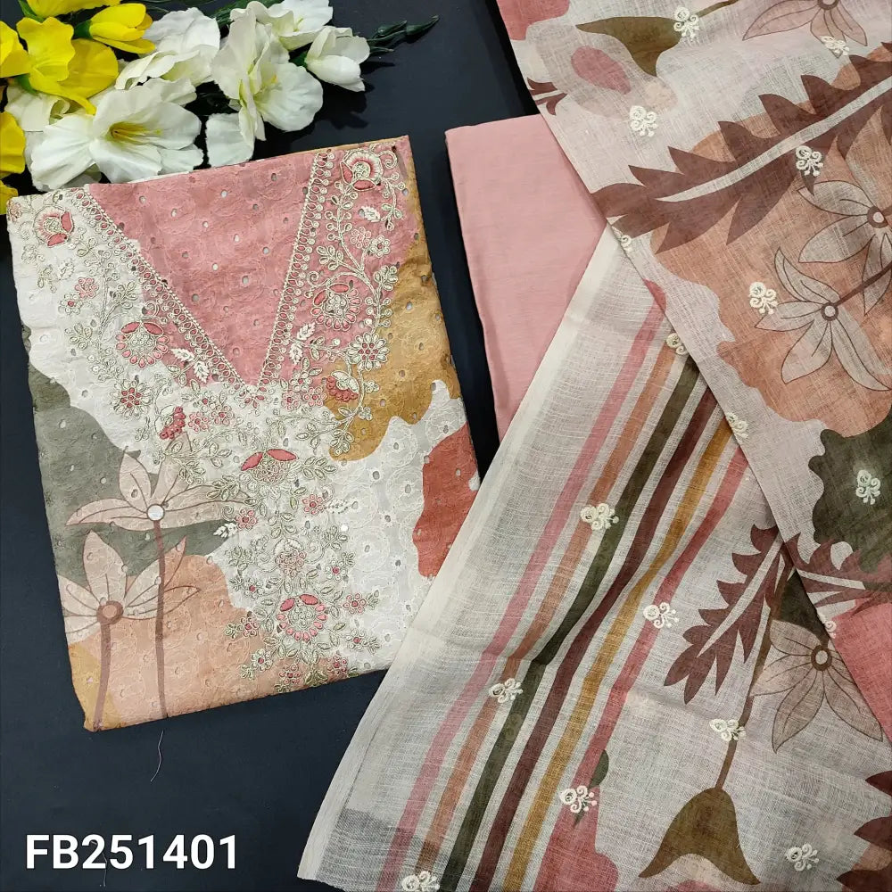 CODE FB251401: Multi color abstract printed schiffli embroidered glazed cotton unstitched salwar material v neck