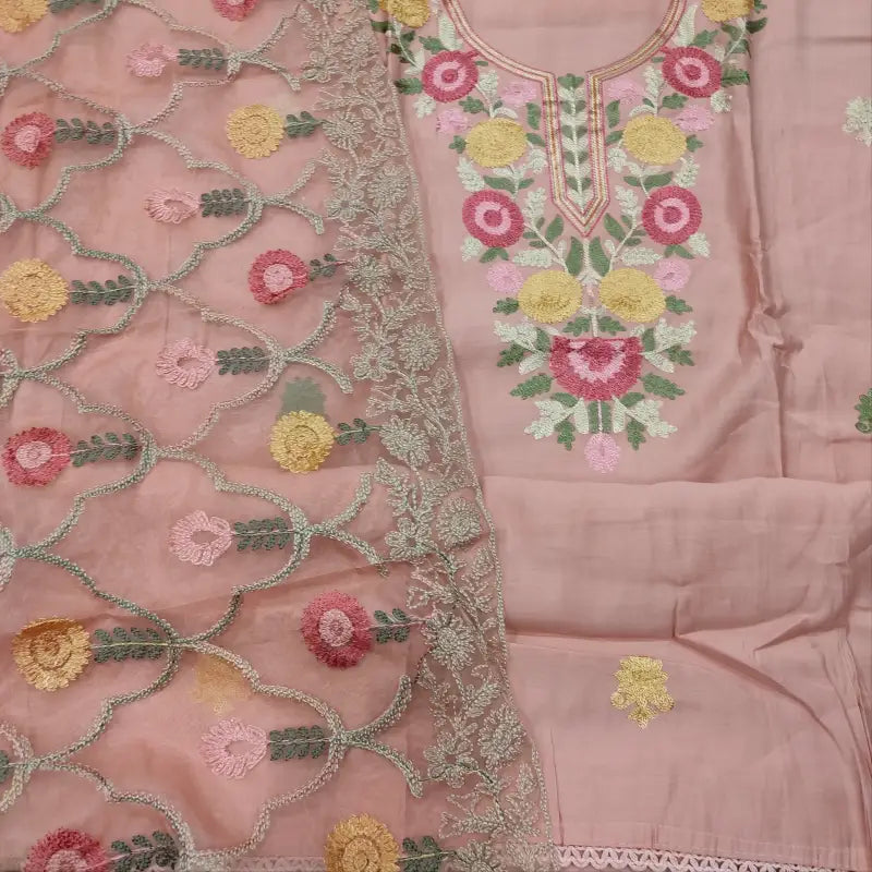 CODE FB251406: Pastel pink soft silk cotton unstitched salwar material machine embroidered on yoke(soft fabric lining