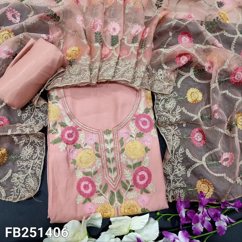 CODE FB251406: Pastel pink soft silk cotton unstitched salwar material machine embroidered on yoke(soft fabric lining