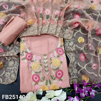 CODE FB251406: Pastel pink soft silk cotton unstitched salwar material machine embroidered on yoke(soft fabric lining