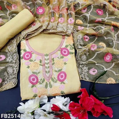CODE FB251407: Yellowish beige soft silk cotton unstitched salwar material machine embroidered on yoke(soft fabric