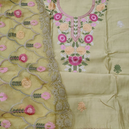 CODE FB251407: Yellowish beige soft silk cotton unstitched salwar material machine embroidered on yoke(soft fabric