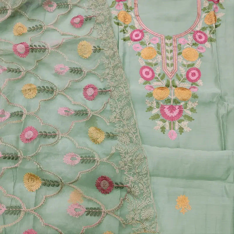 CODE FB251408: Pastel blue soft silk cotton unstitched salwar material machine embroidered on yoke(soft fabric lining