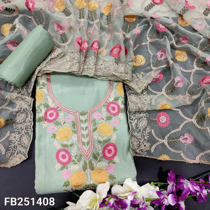 CODE FB251408: Pastel blue soft silk cotton unstitched salwar material machine embroidered on yoke(soft fabric lining