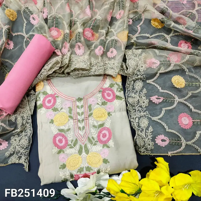 CODE FB251409: Grey soft silk cotton unstitched salwar material machine embroidered on yoke(soft fabric lining