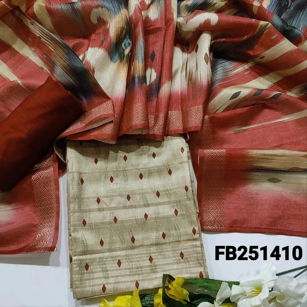 CODE FB251410: Beige semi gicha unstitched salwar material printed all over(thin fabric lining needed)maroon slub silk