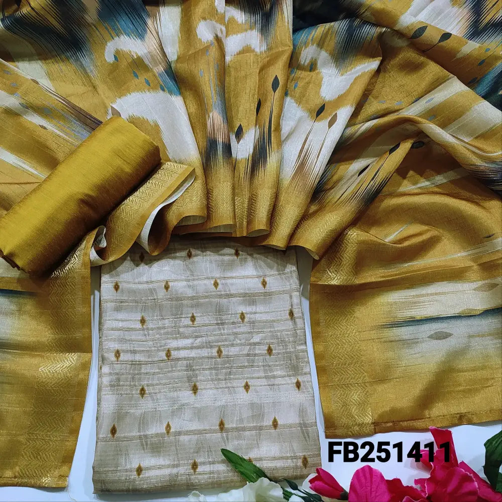 CODE FB251411: Beige semi gicha unstitched salwar material printed all over(thin fabric lining needed)mehandhi yellow