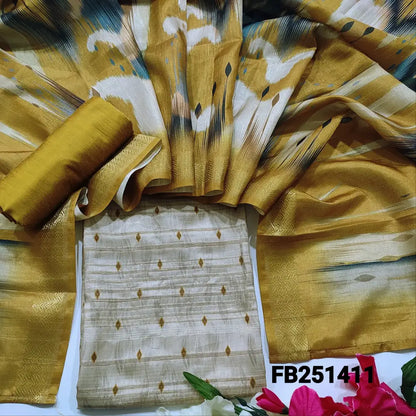 CODE FB251411: Beige semi gicha unstitched salwar material printed all over(thin fabric lining needed)mehandhi yellow