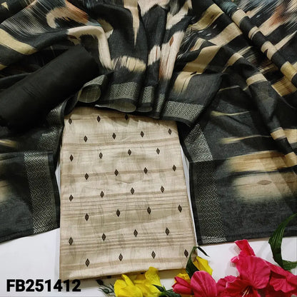 CODE FB251412: Beige semi gicha unstitched salwar material printed all over(thin fabric lining needed)black slub silk