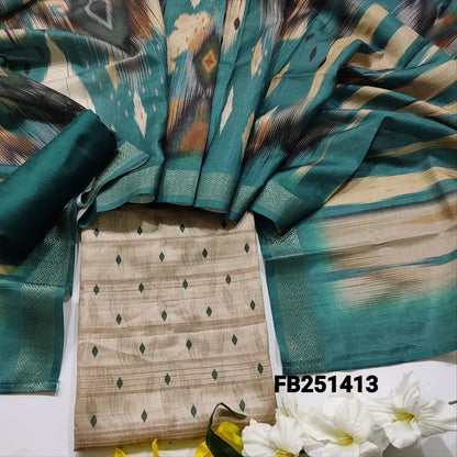 CODE FB251413: Beige semi gicha unstitched salwar material printed all over(thin fabric lining needed)teal green slub