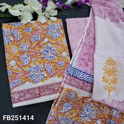 CODE FB251414: Yellow base block printed soft cotton unstitched salwar material(lining needed)block printed soft cotton