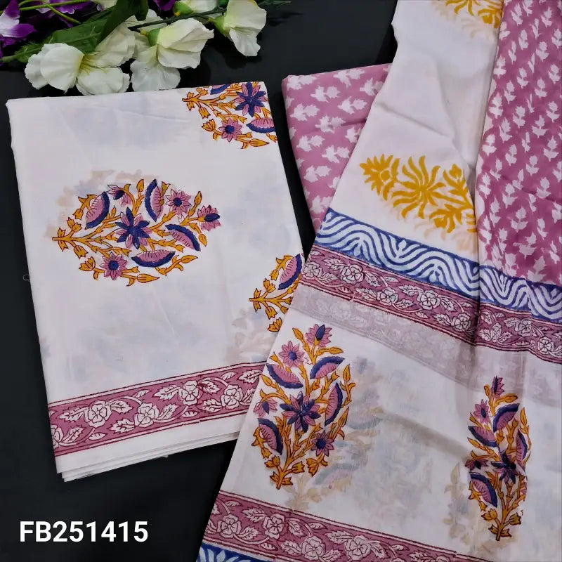 CODE FB251415: White base block printed soft cotton unstitched salwar material(lining needed)block printed soft cotton