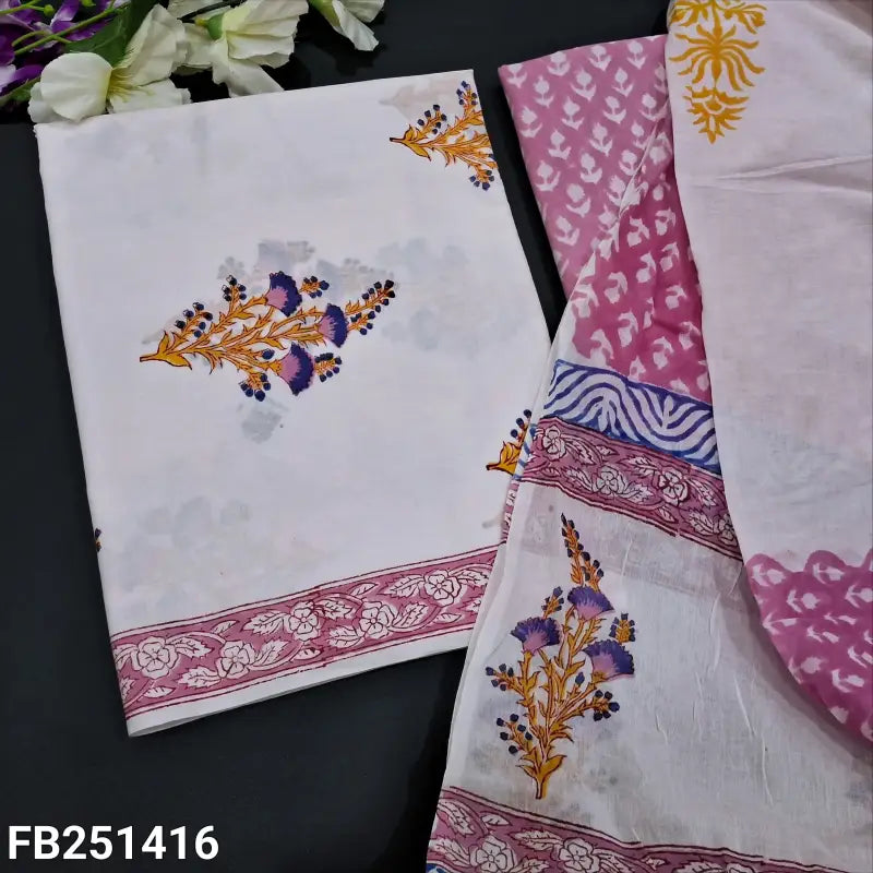 CODE FB251416: White base block printed soft cotton unstitched salwar material(lining needed)block printed soft cotton