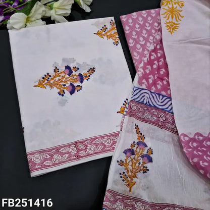 CODE FB251416: White base block printed soft cotton unstitched salwar material(lining needed)block printed soft cotton