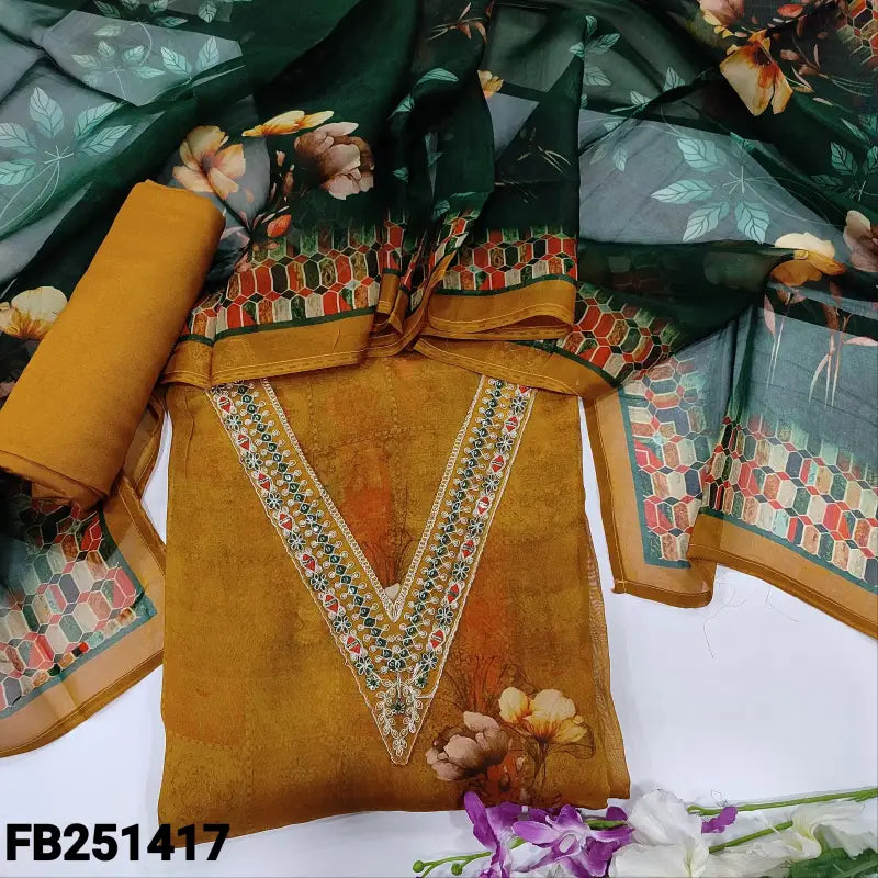 CODE FB251417: Dark mehandhi yellow designer digital printed pure organza semi stitched salwar material v neck(thin